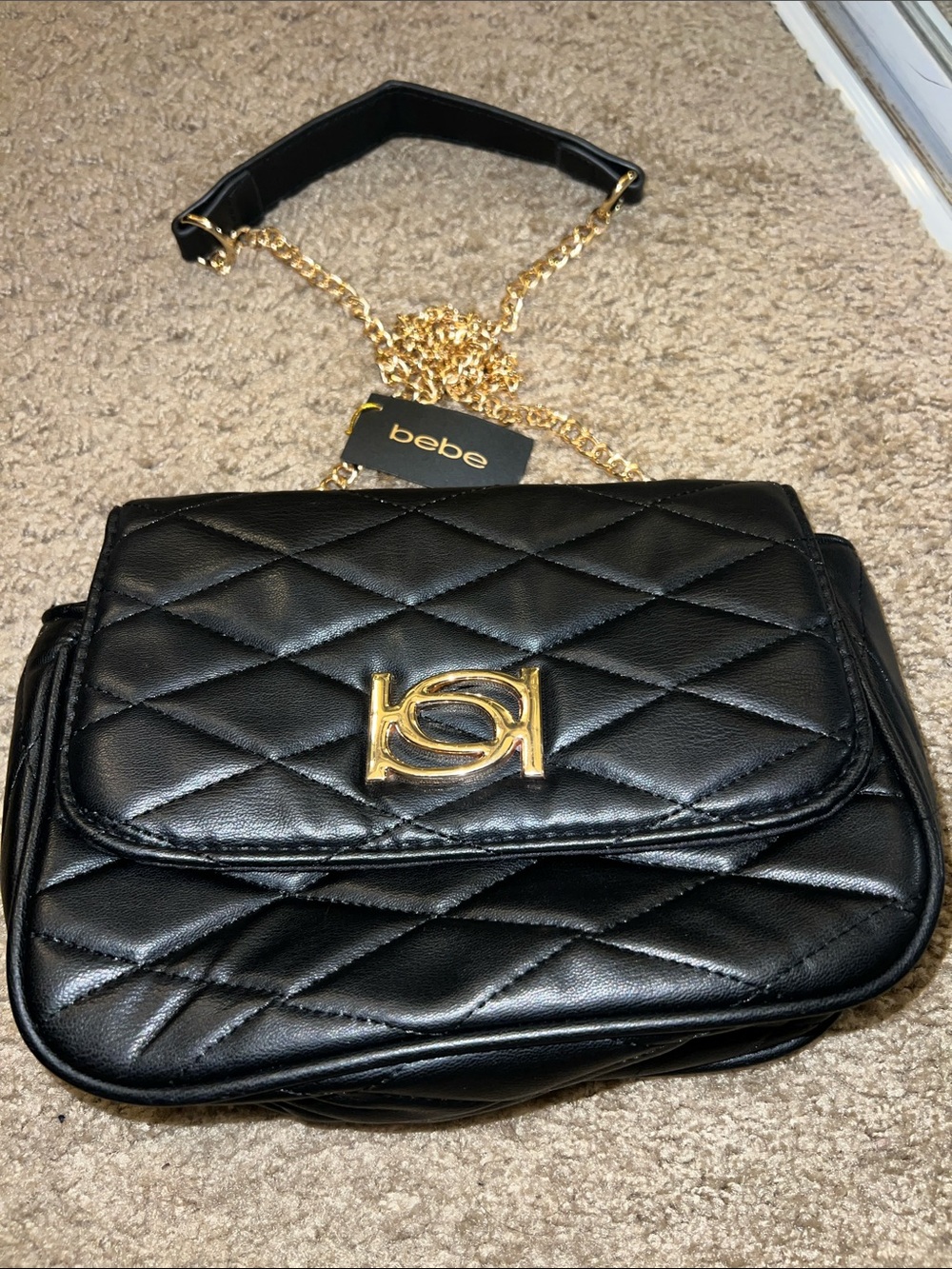 bebe Black Quilted Crossbody with Gold Chain and Logo